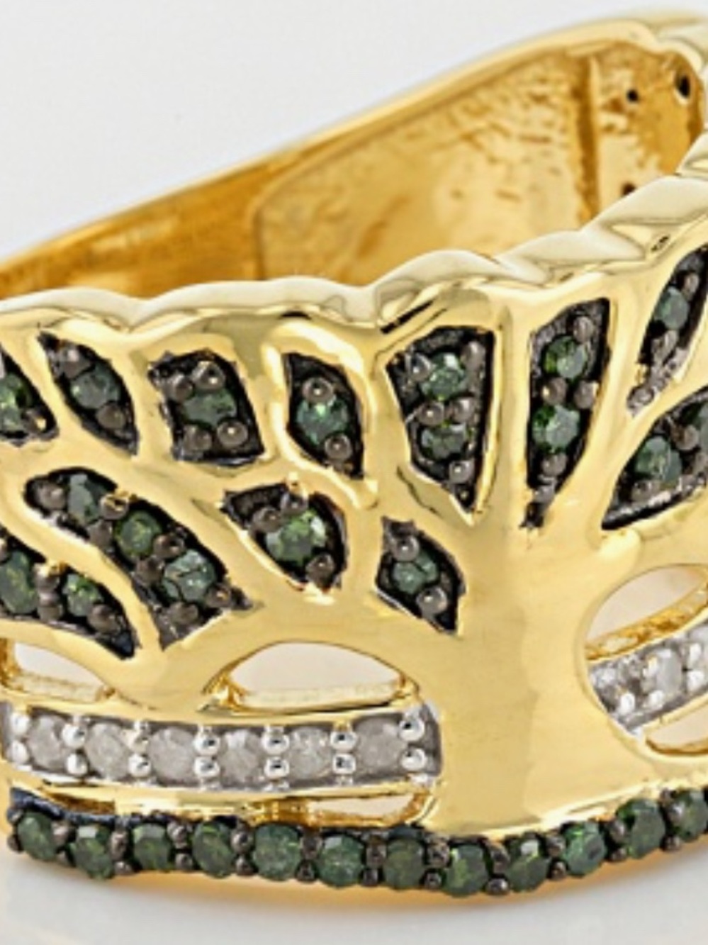 Green and white diamond 14k yellow gold over sterling silver Tree of Life band